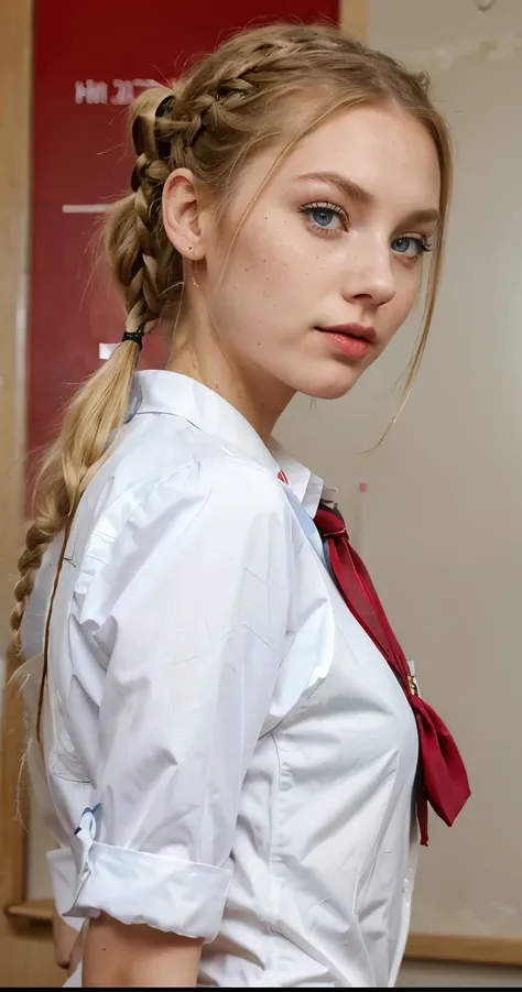 Beautiful skinny girl, elongated face and thin chin, freckles, blonde, braided hair, blue eyes,bold red lipstick and Extra eyeliner, white skin, school girl uniform, in the school, ponytail hair