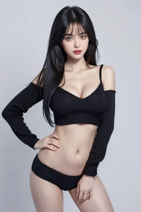 （lifelike,high resolution：1.3）， A slim girl， The face shape and eyes are super delicate,black hair,red glossy lips,(beautiful face), (best quality), (Super detailed), (Extremely detailed CG unified 8k wallpaper),((Black Sweater)),(White background),(cleava...