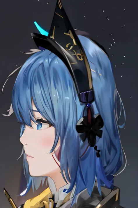 blue hair、wearing a black hat、anime girl with bow, starting from the night of the ark, 绫香genshin冲击, inspired by leng mei, 《gensh...