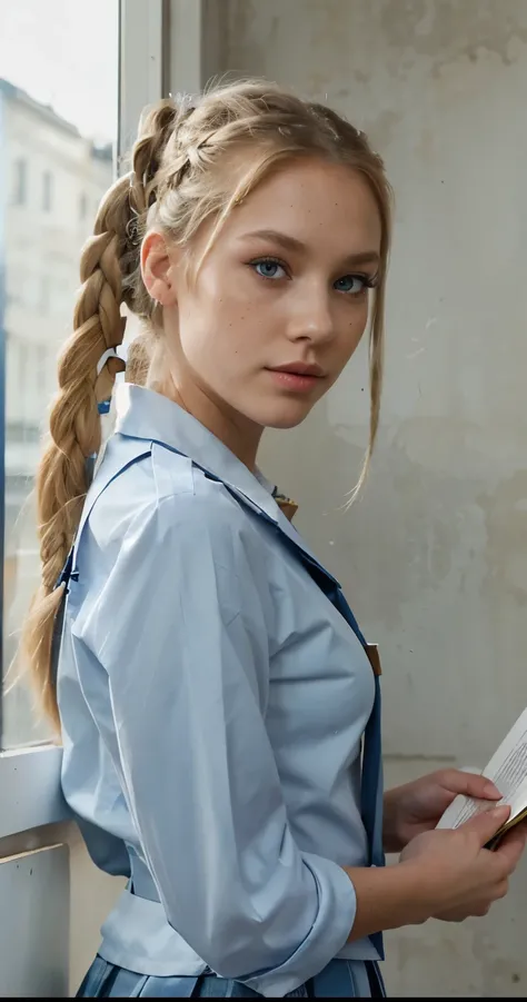 Beautiful skinny girl, elongated face and thin chin, freckles, blonde, braided hair, blue eyes,bold red lipstick and Extra eyeliner and extra eyeshadow, white skin, school girl uniform , in the school, ponytail hair, small nose, Leaning against the wall , ...