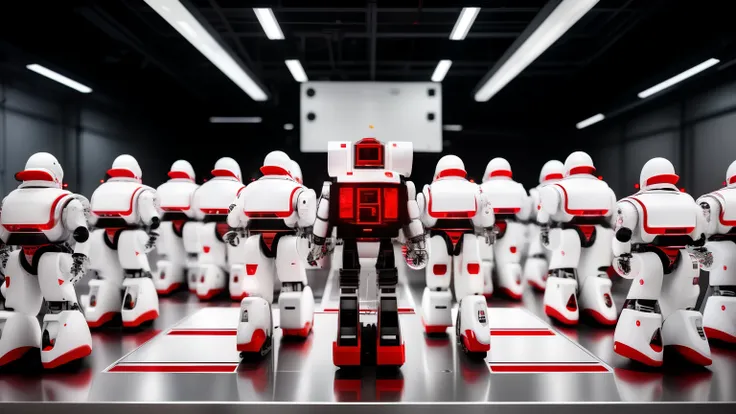 white future technology, white background, 
technology class, robot, a lot of people, red


