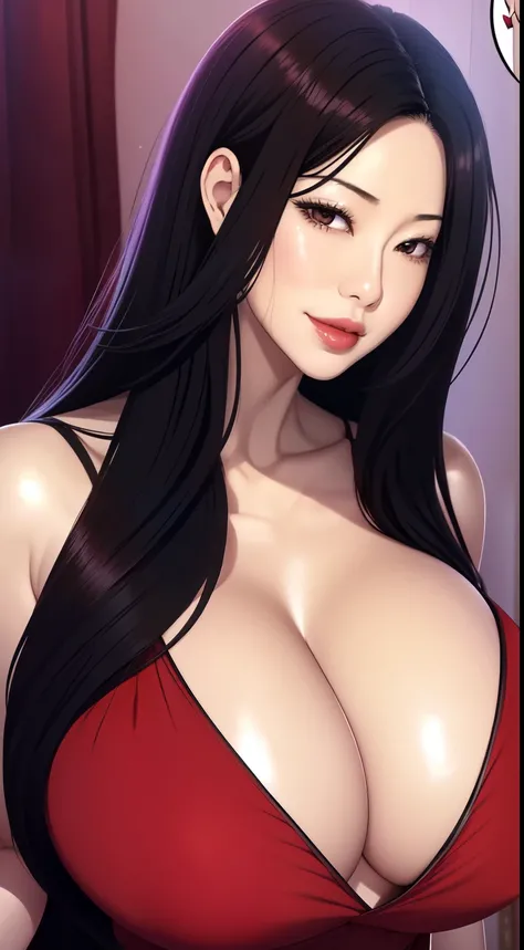 Doomsday Harem,1 girl,long hair,black hair,bangs,straight hair,swollen lips,painted lips, thick lips,reveal cleavage, erotic, smile,Hitomi Tanakas chest,huge breasts,older sister,dress,25 years old,Sweat,shiny skin