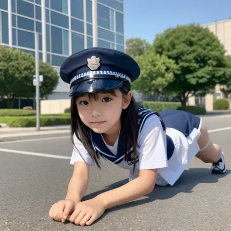 beautiful illustrations、highest quality、ultra high resolution、Professional specifications、(((Only one elementary school student))、light blue school sailor uniform、very short skirt、((Police Officer Cap))、short sleeve、&#39;face、(on all fours: 1.3)、Crouch sta...