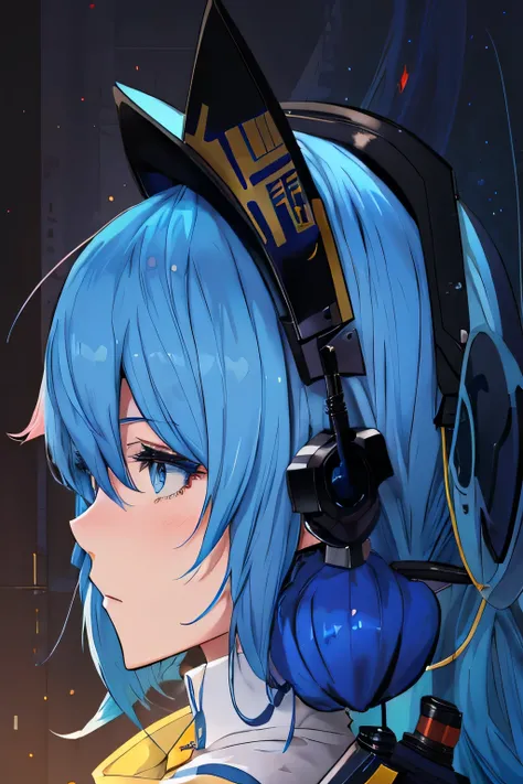 anime girl blue hair wearing a hat and holding a gun, anime girl profile, sky blue. Detailed hair, Inspired by Leng Mei, Anime cute art style, anime style 4k, waves, Starting from the night of the ark, girl blue hair, blue hair, From Girls Frontline, sad c...