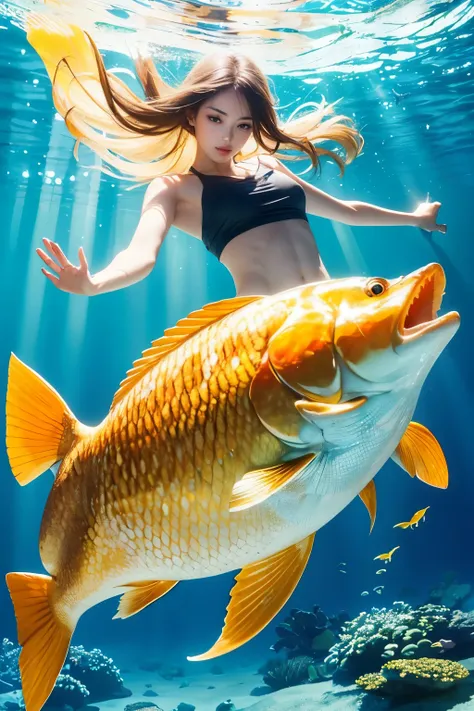 (8k, RAW photos, top quality, masterpiece: 1.2), (realistic, photorealistic: 1.37), beautiful golden carp, swimming in crystal clear water, sunbeams reflecting off its scales, (high-definition RAW color photos), (amazingly detailed), (ultra-detailed CG uni...