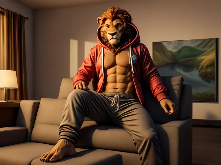 Digital art, 3d art, furry portrait, vivid colours, full body picture, full figure image, masterpiece, best quality, high resolution, Hyperrealist furry portrait, Brawny barefoot teenage Simba (Lion King character) in casual teens clothes (hoodie, long pan...