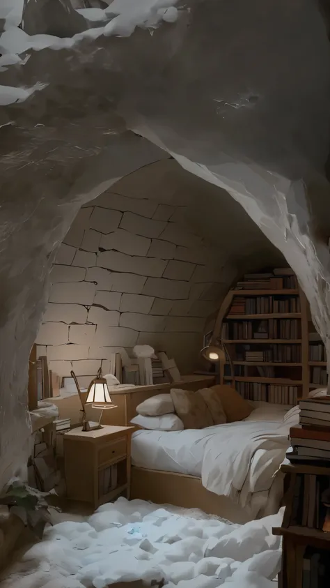 In the corner there is a bed with a bookshelf and a fireplace, books cave, Cozy place, cozy room, snow cave, cozy environment, Cozy and peaceful atmosphere, cozy atmosphere, Cozy and calm, cozy atmosphere, cosy enchanted scene, cave, cozy environment, read...