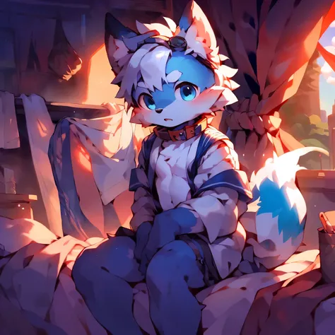 masterpiece, high quality portraits, 16k, hairy,( white_hair, blue eyes, blue fur:1.2), fox, cub, Solo boy, collar, Sailor suit, sailor hat, bottomless, goggles,skin_direction, warm light, placed in a, Ears droop,bedroom, Panorama,author：Kuroi Junmi, Yes,K...