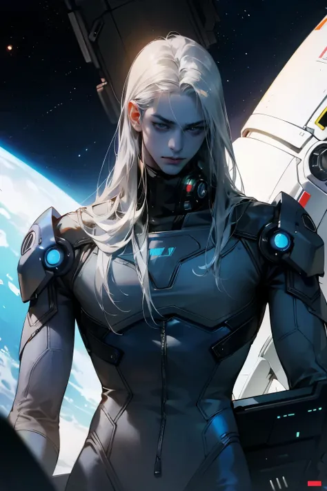 1boy, alien, upper body, perfect male body, blue skin, glowing eyes, long silver hair, bodysuit, space capsule, high tech, cyberpunk, Eyes looking at the camera, ray tracing, dramatic shadows, best quality