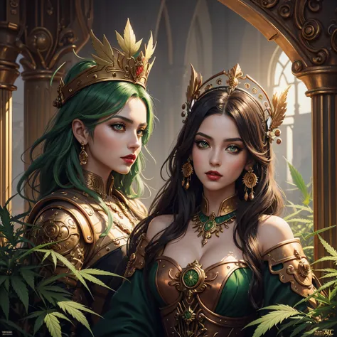 A woman (Jesica Alba :1.1) red lips, green eyes, as the queen of Cannabis, with a crown, steampunk style, with armor made of copper and Gold with Cannabis motive, and Cannabis plants and leafs all over to create a tasteful style poster to promote Cannabis,...