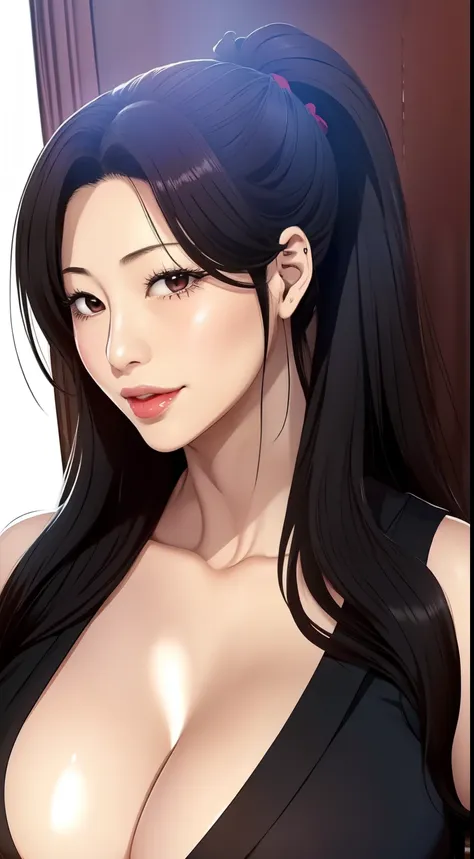 joshiochi,1 girl,long hair,black hair,bangs,ponytail,swollen lips,painted lips, thick lips,reveal cleavage, erotic, smile,hitomi...