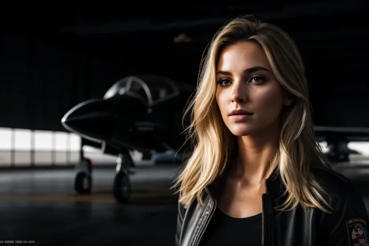 photorealistic full body portrait of stunning, sly female pilot in a hangar, old leather uniform, bomber jacket, (8k, RAW photo, best quality, masterpiece:1. 2), (realistic, photo-realistic:1. 37) ultra-detailed, beautiful detailed eyes, beautiful detailed...