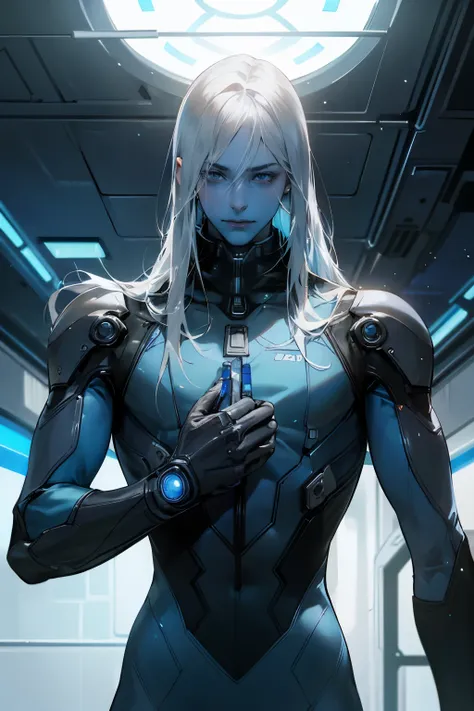 1boy, alien, upper body, perfect male body, blue skin, glowing eyes, long silver hair, bodysuit, inside the laboratory, inside the spacecraft,, high tech, cyberpunk, 