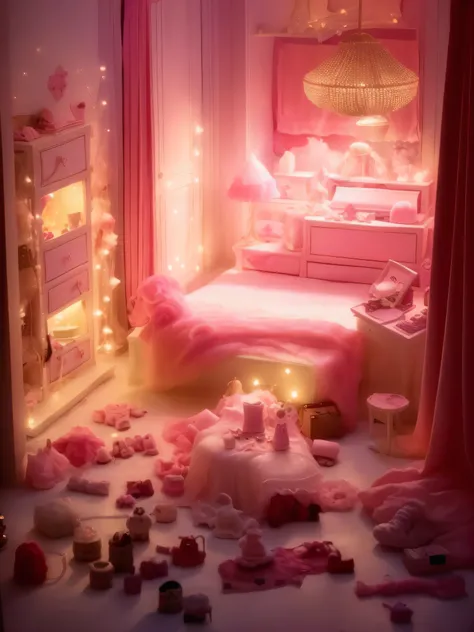 There is a room with a bed, Dressing table, and a lot of stuff on the floor, pink room brightly lit, Pink soft light 4K, dreamy atmosphere and drama, Very magical and dreamy, Dream aesthetics, 神奇dreamy atmosphere, kawaii aesthetics, in the bedroom at a sle...