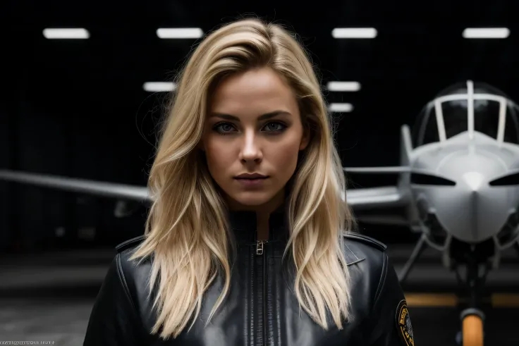 photorealistic full body portrait of stunning, sly female pilot in a hangar, old leather uniform, bomber jacket, (8k, RAW photo, best quality, masterpiece:1. 2), (realistic, photo-realistic:1. 37) ultra-detailed, beautiful detailed eyes, beautiful detailed...