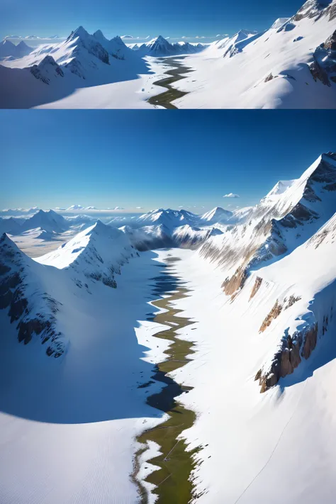 Drone captures breathtaking images of snow-capped mountain peaks in stunning HD detail. Against the backdrop of a clear, blue sky, the drones lens precisely focuses on the pristine whiteness of the snow, capturing every intricate contour and texture. The s...