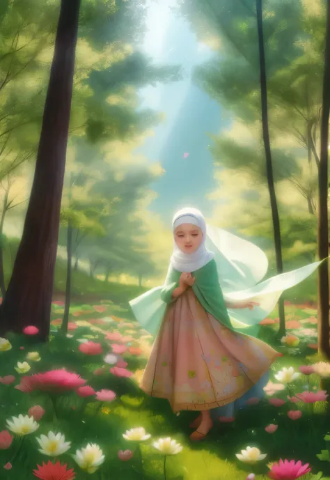 girl muslim with hijab clotes in a forest with floating flowers, river, puffy, puffy cheeks, cute,
vibrant colors, colorful art style, 
soft lighting, soft shadows, detailed textures, dynamic lighting,  
nice hands, perfect hands, 
