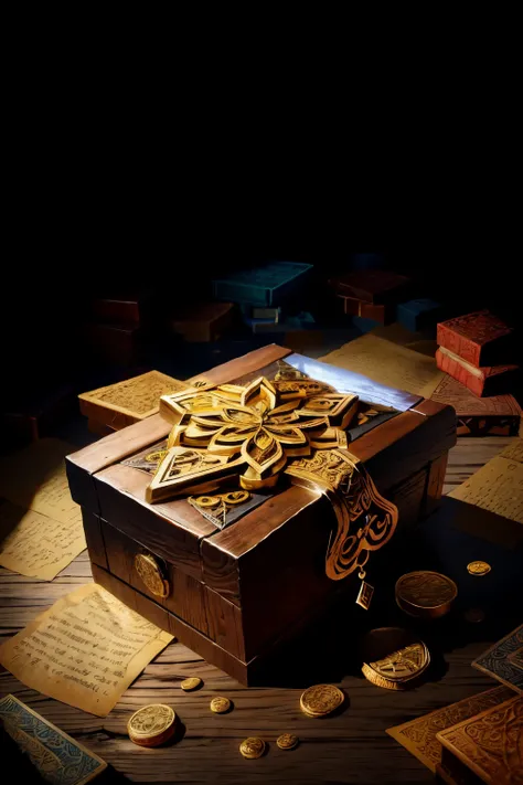 Mystery box game, intriguing and enigmatic, richly textured 8K image. The game pieces, shrouded in an air of secrecy, are neatly arranged within an ancient wooden box. Its worn and weathered exterior, though simple, hints at the complexity and depth hidden...