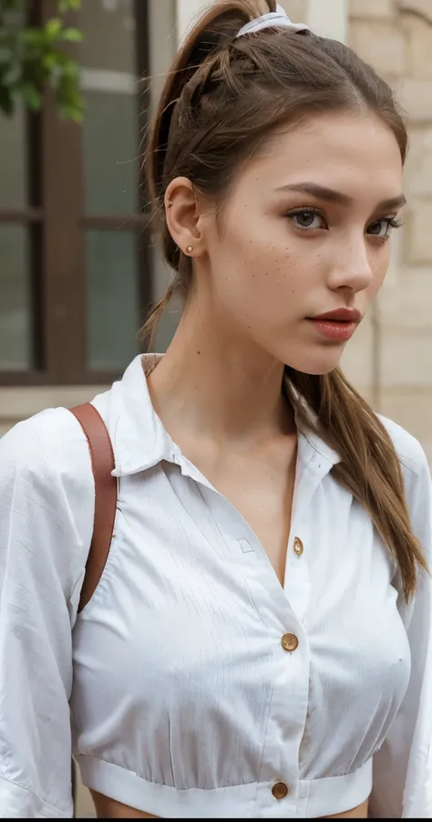 Beautiful skinny girl, elongated face and thin chin, freckles, brown ponytail hair, brown eyes, red lipstick, beautiful makeup, white skin, with patterned top , shorts, a beautiful jean coat , sexy style