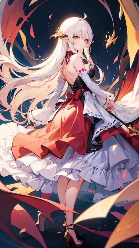 Very delicate and beautiful CG illustrations, best quality, high resolution, Dynamic angle, Full length shot, (1 girl), A beautiful half-human, half-dragon girl with yellow eyes and long, straight white hair.., float, soft light, High-key backlighting) Pos...