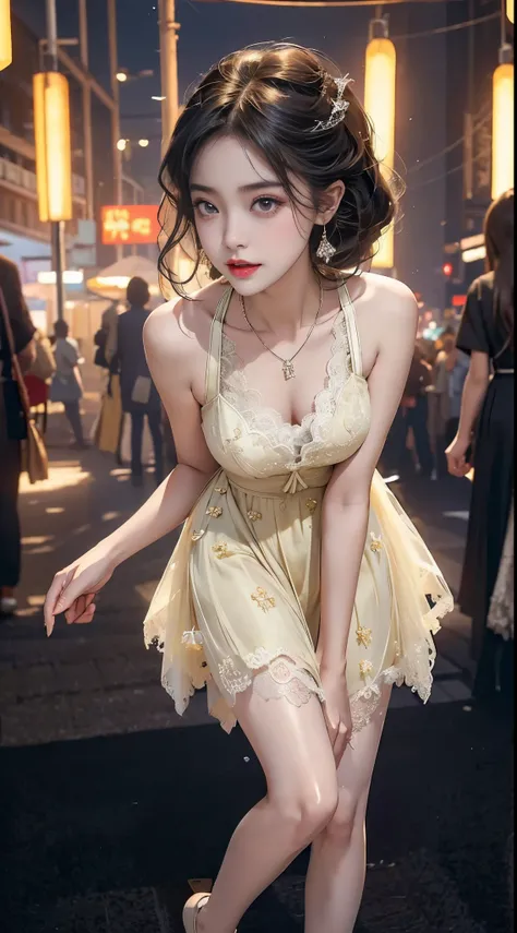 Sweet girl clothes9,yellow dress, ((knee shot)), 8k, masterpiece, original photo, best quality, detail:1.2),lifelike, Extremely detailed CG unified 8k wallpapers, depth of field, film light, lens flare, Ray tracing, (extremely beautiful face, beautiful lip...