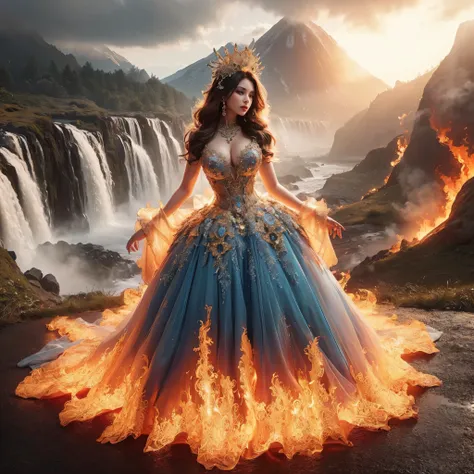 arafed woman with bustier gigantic breast in a flame corset and flame dress in front of a building, wearing an ornate outfit, ornate dress, intricate dress, elegant flame corset, ornate and elegant, extravagant dress, inspired by Hedi Xandt, ornate attire,...