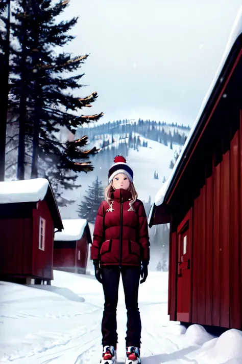 ((best quality)), ((masterpiece)), (detailed), perfect face,  teenage brown girl, golden glasses, cream beanie, girl, dark brown skiing jacket, red skiing gloves, white sweatpants, red skiing gliders with red and black skiing sticks on a backdrop of snow w...