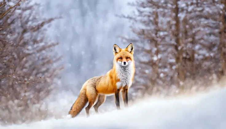 snow mountain、tall tree々々、northern fox、the fox turns around and looks at the viewer.、fluffy fox、fox footprints、immaculate world、...