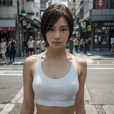 Best quality, masterpiece, ultra high res, (photorealistic:1.5), raw photo, 1girl, oriental japan chinesse, beautifull,cute,white tank top, street background , deep shadow, low key, cold light, sexy look, short hair,in crowd,straight cam