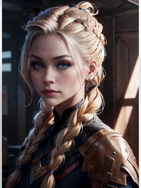 best quality, masterpiece, 
(photorealistic:1.25),
portrait photo of adult female, (highly detailed face),
norse mythology,
french_braid top knot, blonde hair, viking hairstyle,
sharp details, (high detail skin),
skin pores,
hdr, professional  studio photo...