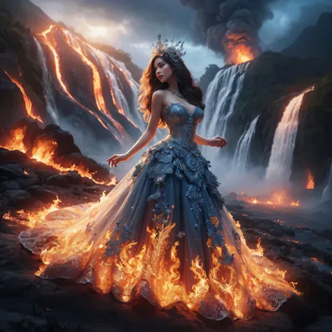 arafed woman with bustier gigantic breast in a flame corset and flame dress in front of a building, wearing an ornate outfit, ornate dress, intricate dress, elegant flame corset, ornate and elegant, extravagant dress, inspired by Hedi Xandt, ornate attire,...