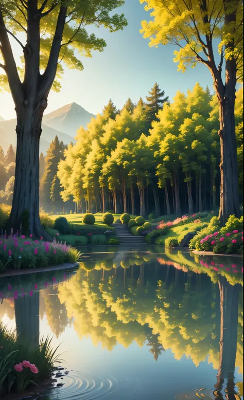 Edens garden in heaven, beautiful landscape, magestic, ethereal, golden, trees, lake, bushes, flowers