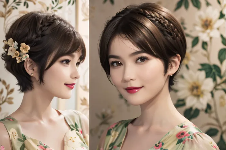 152
(20 year old woman,floral pattern dress), (Super realistic), (high resolution), ((beautiful hairstyle 46)), ((short hair:1.46)), (gentle smile), (brest:1.1), (lipstick)