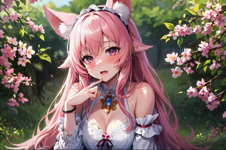 hairy, Pink fur, Off-the-shoulder white translucent morning dress, sit on the grass, Cherry blossom forest background, gold slit pupil, blushing:1, hair between eyes, pink hair, gradient hair, hair past shoulders, wet hair, shiny hair, bell, trumpet, foreh...