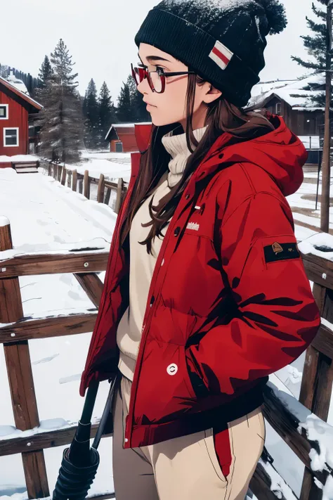 ((best quality)), ((masterpiece)), (detailed), perfect face,  teenage brown girl, golden glasses, cream beanie, girl, dark brown skiing jacket, red skiing gloves, white sweatpants, red skiing gliders with red and black skiing sticks on a backdrop of snow w...