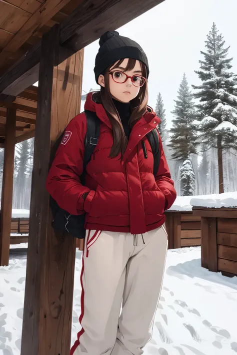 ((best quality)), ((masterpiece)), (detailed), perfect face,  teenage brown girl, golden glasses, cream beanie, girl, dark brown skiing jacket, red skiing gloves, white sweatpants, red skiing gliders with red and black skiing sticks on a backdrop of snow w...