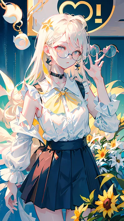 best quality, ultra high res, (photorealistic:1.4), 1woman, sleeveless white button shirt, black skirt, black choker, ((glasses)), (Kpop idol), (aegyo sal:1), (platinum blonde grey hair:1), ((puffy eyes)), looking at viewer, full body, flowers