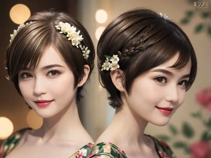 152
(20 year old woman,floral pattern dress), (Super realistic), (high resolution), ((beautiful hairstyle 46)), ((short hair:1.46)), (gentle smile), (brest:1.1), (lipstick)