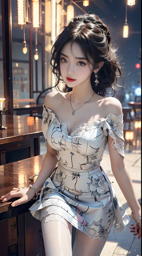 print dress, off shoulder,  ((knee shot)), 8k, masterpiece, original photo, best quality, detail:1.2), ((shoot at random angles)...