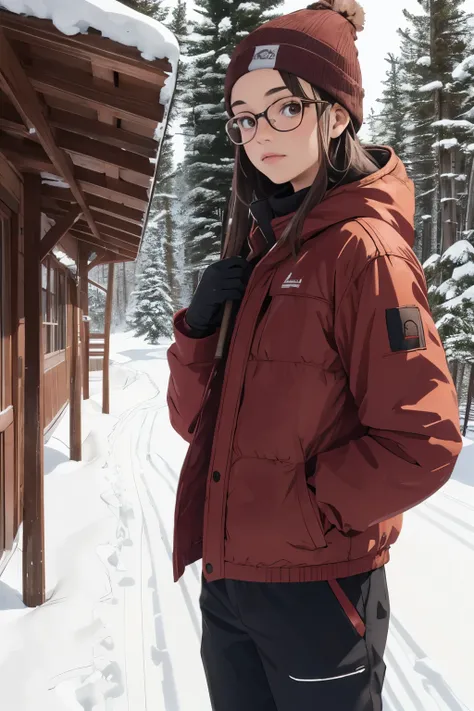 ((best quality)), ((masterpiece)), (detailed), perfect face,  teenage brown girl, golden glasses, cream beanie, girl, dark brown skiing jacket, red skiing gloves, white sweatpants, red skiing gliders with red and black skiing sticks on a backdrop of snow w...