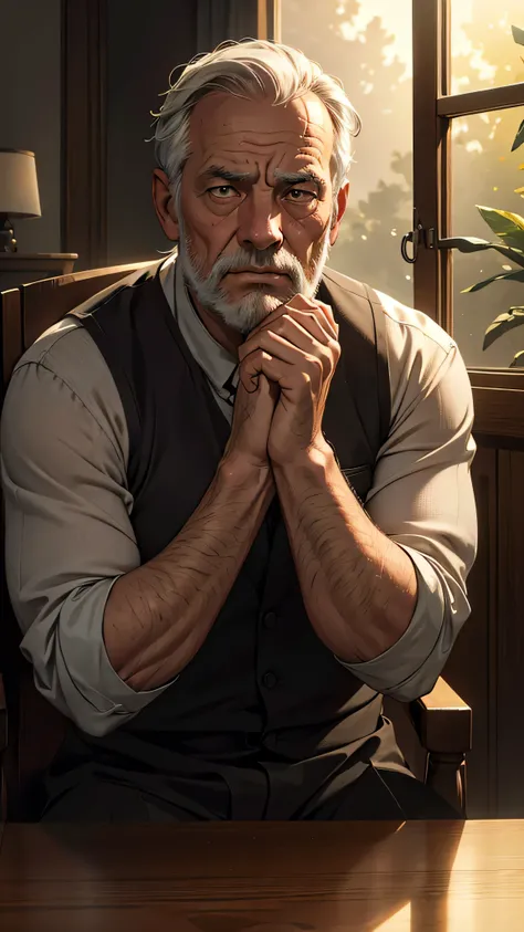 (best quality,4K,highres,masterpiece:1.2),HDR,UHD,studio lighting,(realistic,photorealistic,photo-realistic:1.37),portrait,man,reflecting,regretful,alone,sad,indoor,interior scene,thinking,introspective,aged face,gray hair,facial expression,deep in thought...