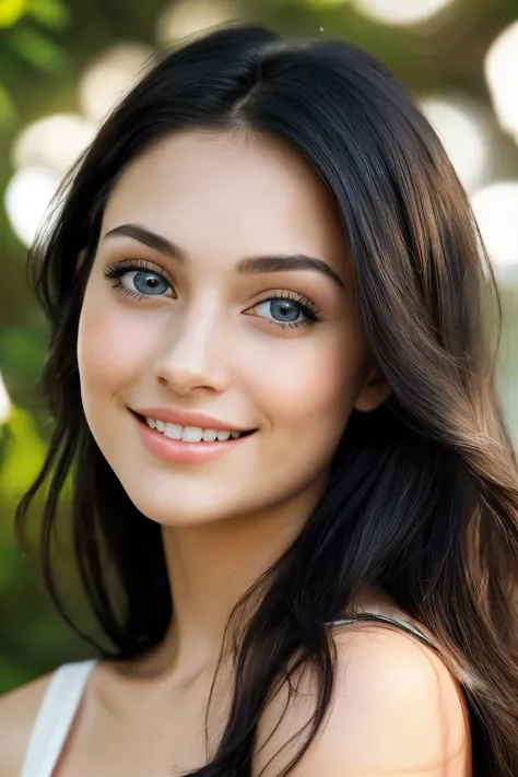 A beautiful girl with a captivating face, adorned by blue eyes shining brightly. Her slim face is enhanced by a slightly pointed nose, framed perfectly by naturally beautiful lips. Her raven-black hair cascades down her shoulders in soft waves, while her f...