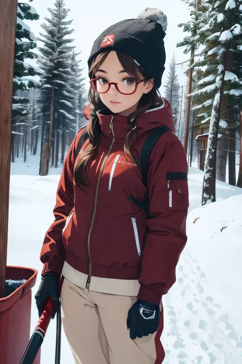 ((best quality)), ((masterpiece)), (detailed), perfect face,  teenage brown girl, golden glasses, cream beanie, girl, dark brown skiing jacket, red skiing gloves, white sweatpants, red skiing gliders with red and black skiing sticks on a backdrop of snow w...