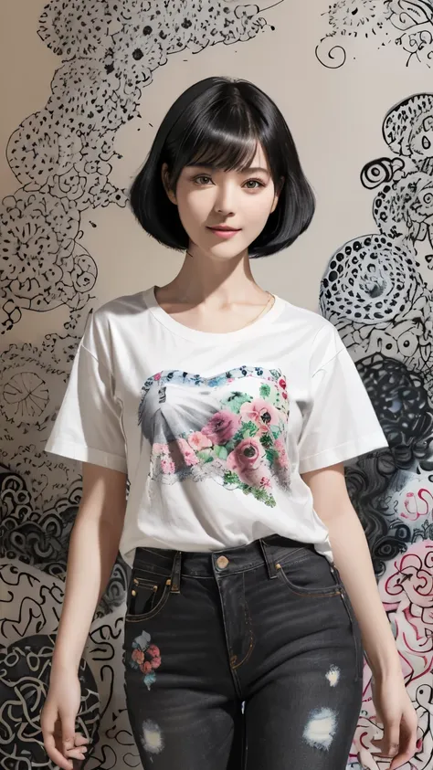 153
(Black Shorthair:1.46), (a 20 yo woman), (A hyper-realistic), (Masterpiece), (8KUHD), (gentle smile), Slender waist, Wearing jeans, ((Floral Clothing - T-Shirts)), Wearing long pants, abstract painting, (doodle:1.46), (brest:1.1), (口紅)