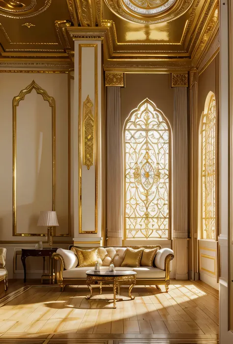 Generate a background image resembling a spacious room with a castle-like ambiance, featuring predominantly white tones with hints of gold. Envision the scene as follows:

1. Set the backdrop as a vast, airy chamber with high ceilings and expansive white w...