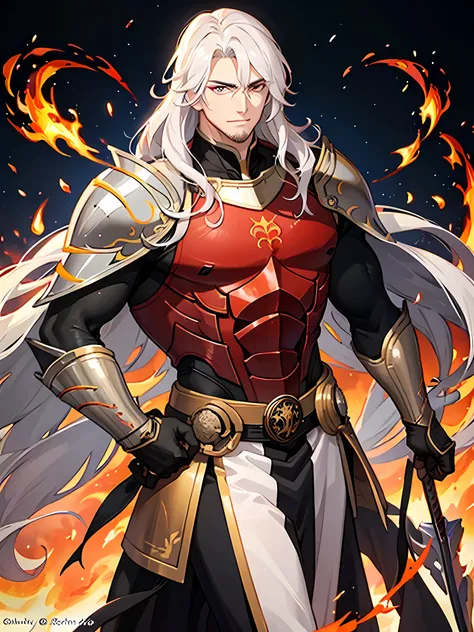 Fire knight, emperor of fire, fire aura, HD, 8K, Fire background, manly muscular man, long white hair, manly looking face, small smile