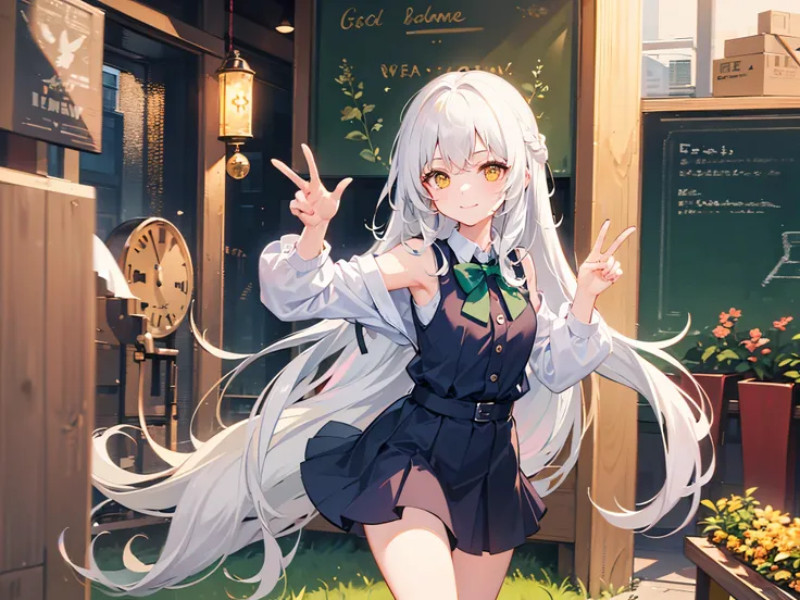 white haired young woman, 7 years old,;;;;;;;;, golden eyes, long hair,Green braid tied in bows left and right........,, Wear a blue sleeveless shirt......button up.  white short skirt, walking on grass...With a slightly smiling face..Two-finger pose Zoom ...