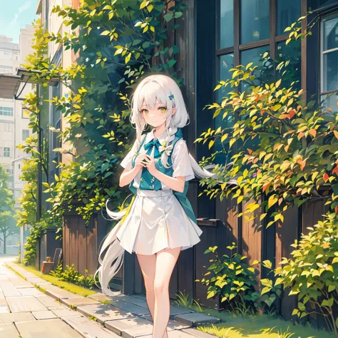 white haired young woman, 7 years old,;;;;;;;;, golden eyes, long hair,Green braid tied in bows left and right........,, Wear a blue sleeveless shirt......button up.  white short skirt, walking on grass...With a slightly smiling face..Two-finger pose