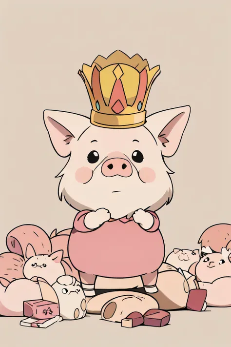 anime style、background color only、background white、no background、1 pig、pig wearing a crown、cute