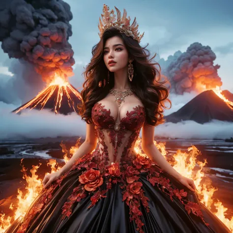 arafed woman with bustier gigantic breast in a 
Tight fire corset and flame dress in front of a building, wearing an ornate outfit, ornate dress, intricate dress, elegant flame corset, ornate and elegant, extravagant dress, inspired by Hedi Xandt, ornate a...